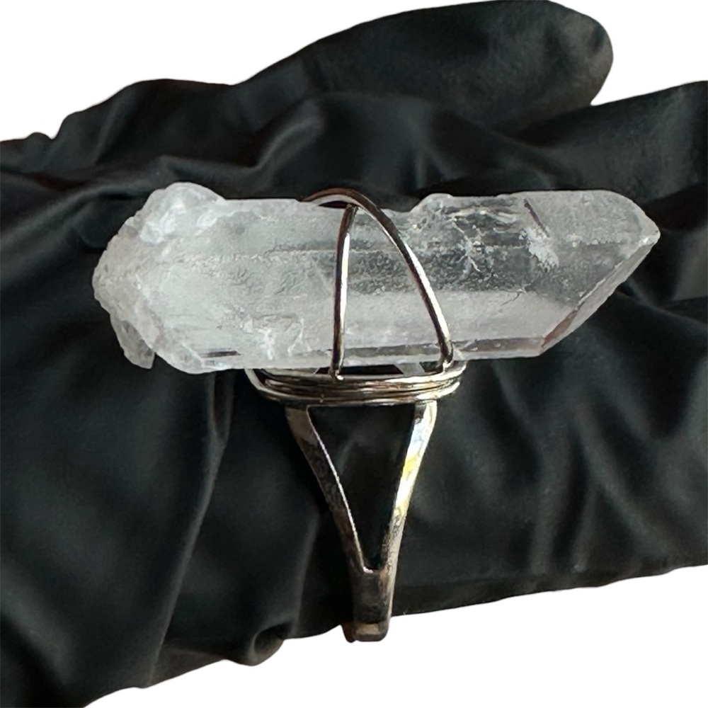 Silver Wire Wrapped Clear Raw Quartz Ring Coachella Festival Bohemian Jewelry